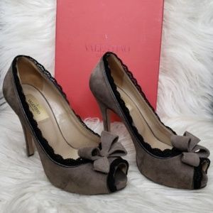 VALENTINO GARAVANI Suede Lace Peep Toe Stilettos
